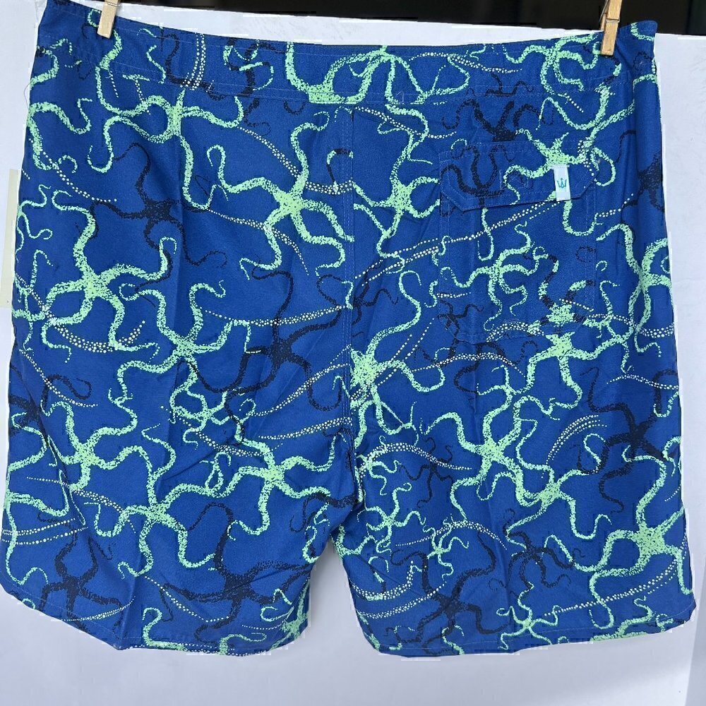 Men's Blue Swim Trunks with Neon Green Abstract Print